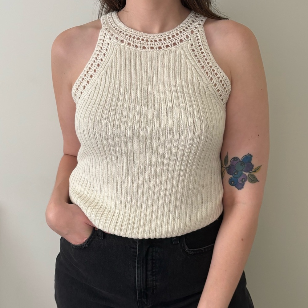 Lucky Brand Knit Rib Sweater Tank in Tofu Cream Crochet Top Shirt Boho M